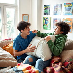 A playful and fun scene inside a cozy living room, where two teenage boys are having a lighthearted pillow fight, surrounded by soft cushions and colorful blankets