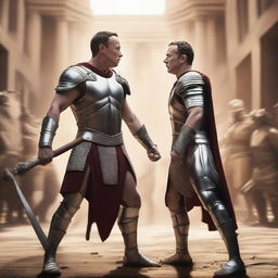 A dramatic scene of Elon Musk and Mark Zuckerberg as gladiators, locked in a fierce battle, their eyes filled with determination, bodies adorned in classic Roman gladiator attire and wielding gladiator weapons