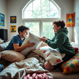 A playful and fun scene inside a cozy living room, where two teenage boys are having a lighthearted pillow fight, surrounded by soft cushions and colorful blankets