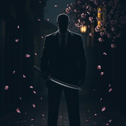 A striking silhouette of a Yakuza man in a formal suit, holding a katana in his hand, standing in a dark alley of Yokohama
