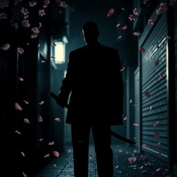 A striking silhouette of a Yakuza man in a formal suit, holding a katana in his hand, standing in a dark alley of Yokohama