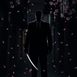 A striking silhouette of a Yakuza man in a formal suit, holding a katana in his hand, standing in a dark alley of Yokohama