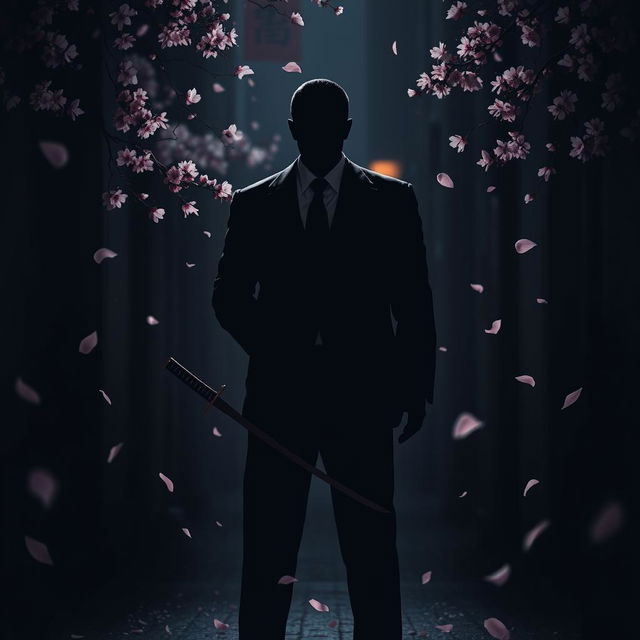 A striking silhouette of a Yakuza man in a formal suit, holding a katana in his hand, standing in a dark alley of Yokohama