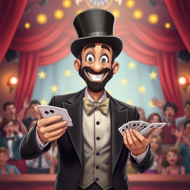 A charming and funny realistic magician, depicted with a wide smile and a twinkle in his eye