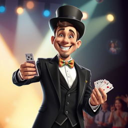 A charming and funny realistic magician, depicted with a wide smile and a twinkle in his eye