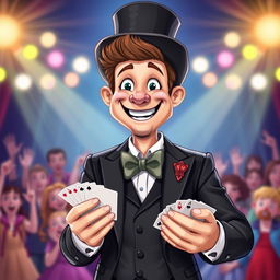 A charming and funny realistic magician, depicted with a wide smile and a twinkle in his eye