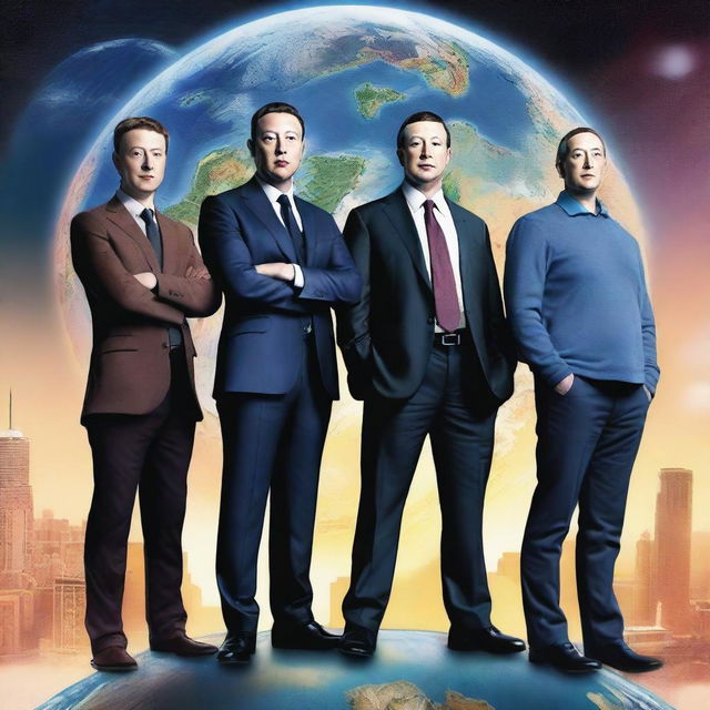 Elon Musk, Mark Zuckerberg, Jeff Bezos, and Bill Gates posed as mythic guardians of Earth, standing steadfastly atop the globe, each symbolizing different aspects of modern technology