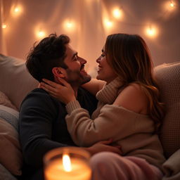 An intimate and romantic scene between two consenting adults, depicting a warm and affectionate atmosphere