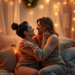 An intimate and romantic scene between two consenting adults, depicting a warm and affectionate atmosphere