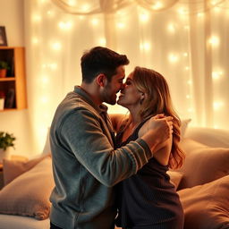 An intimate and romantic scene between two consenting adults, depicting a warm and affectionate atmosphere