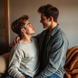 A romantic and intimate scene between two young adult males, feeling passion and connection, surrounded by soft lighting in a cozy room with warm colors