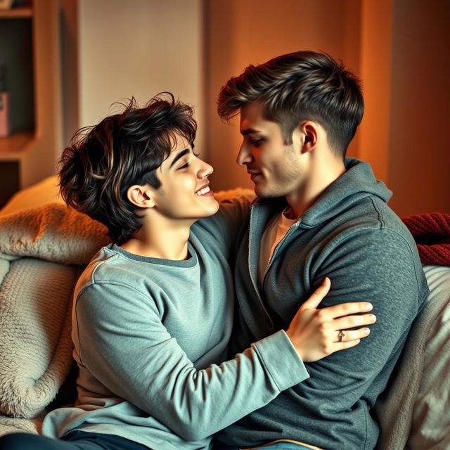 A romantic and intimate scene between two young adult males, feeling passion and connection, surrounded by soft lighting in a cozy room with warm colors