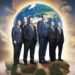 Elon Musk, Mark Zuckerberg, Jeff Bezos, and Bill Gates posed as mythic guardians of Earth, standing steadfastly atop the globe, each symbolizing different aspects of modern technology