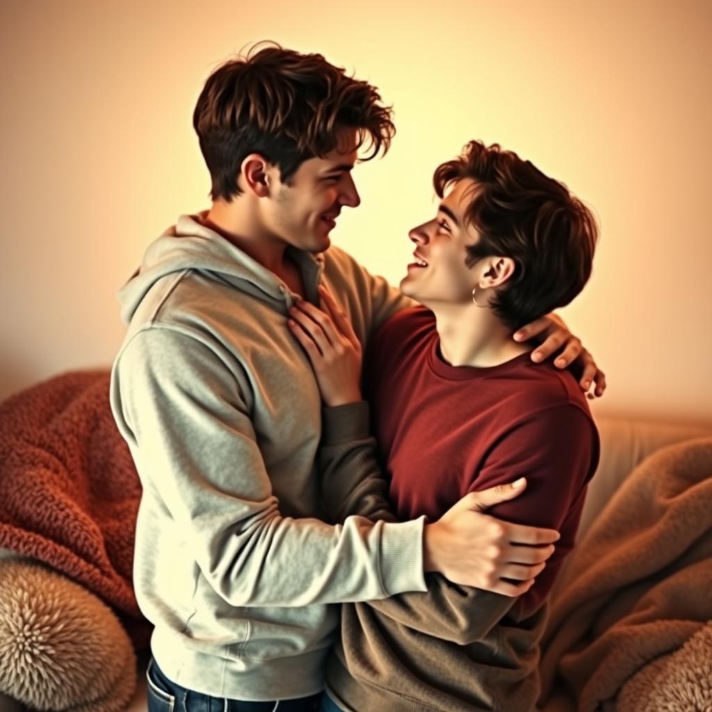 A romantic and intimate scene between two young adult males, feeling passion and connection, surrounded by soft lighting in a cozy room with warm colors