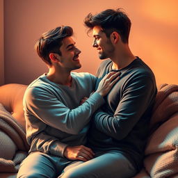 A romantic and intimate scene between two young adult males, feeling passion and connection, surrounded by soft lighting in a cozy room with warm colors