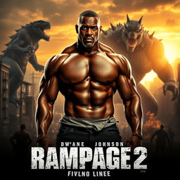 An intense movie poster for 'RAMPAGE 2' featuring Dwyane Johnson in the center, showcasing his muscular physique and charismatic expression