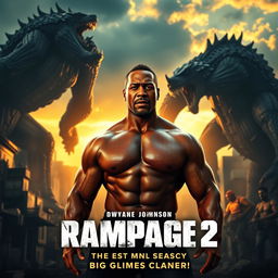 An intense movie poster for 'RAMPAGE 2' featuring Dwyane Johnson in the center, showcasing his muscular physique and charismatic expression