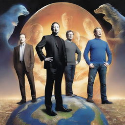 Elon Musk, Mark Zuckerberg, Jeff Bezos, and Bill Gates posed as mythic guardians of Earth, standing steadfastly atop the globe, each symbolizing different aspects of modern technology