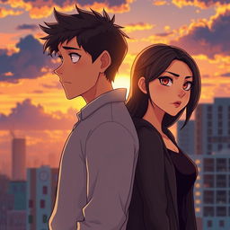 A young man and woman standing back to back in an urban setting, with a cityscape background under a sunset sky filled with clouds