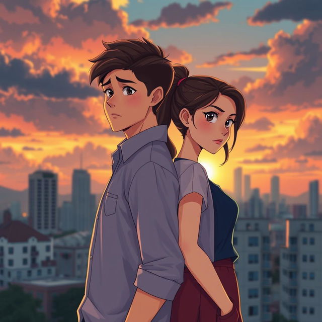 A young man and woman standing back to back in an urban setting, with a cityscape background under a sunset sky filled with clouds