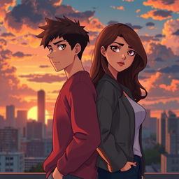 A young man and woman standing back to back in an urban setting, with a cityscape background under a sunset sky filled with clouds