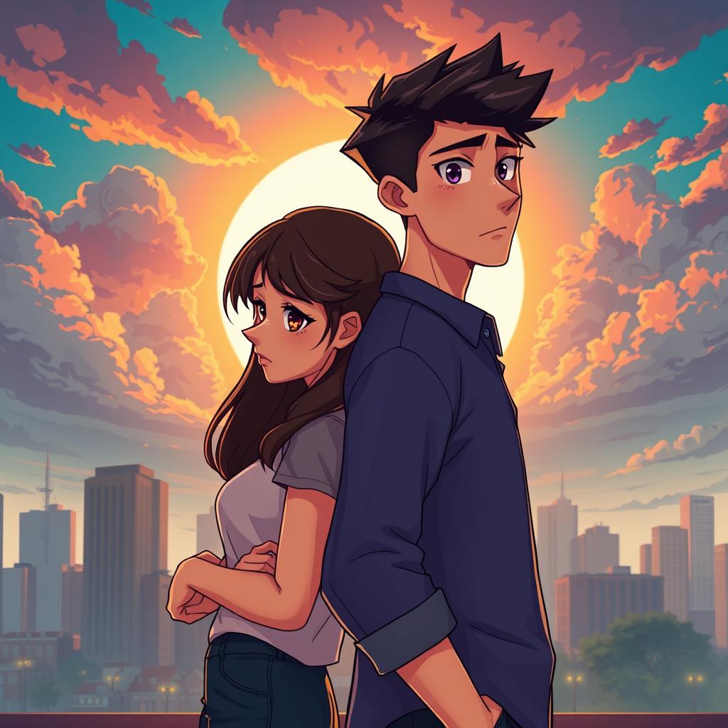 A young man and woman standing back to back in an urban setting, with a cityscape background under a sunset sky filled with clouds