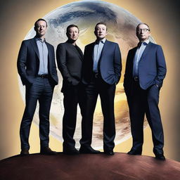 Elon Musk, Mark Zuckerberg, Jeff Bezos, and Bill Gates posed as mythic guardians of Earth, standing steadfastly atop the globe, each symbolizing different aspects of modern technology