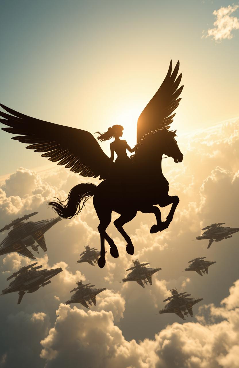 A captivating silhouette of a female figure riding a majestic winged horse, soaring through the sky towards an armada of imposing alien battleships