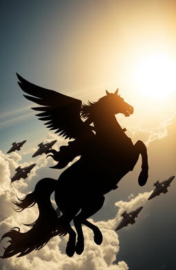 A captivating silhouette of a female figure riding a majestic winged horse, soaring through the sky towards an armada of imposing alien battleships