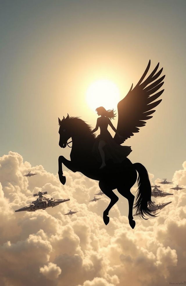 A captivating silhouette of a female figure riding a majestic winged horse, soaring through the sky towards an armada of imposing alien battleships