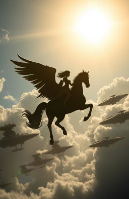 A captivating silhouette of a female figure riding a majestic winged horse, soaring through the sky towards an armada of imposing alien battleships