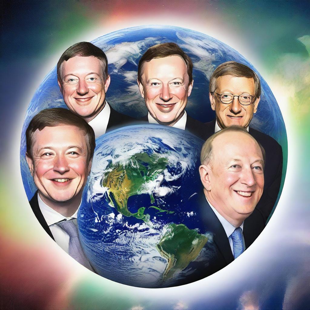 The smiling faces of Elon Musk, Mark Zuckerberg, Jeff Bezos, and Bill Gates superimposed over the image of Earth, symbolizing their influence on the world of technology