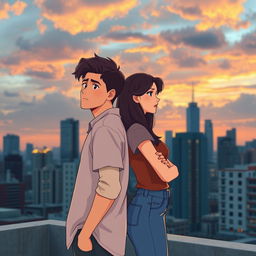 A young couple standing back to back on a rooftop, with city skyscrapers in the background