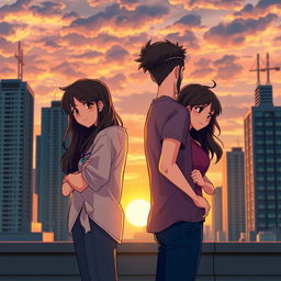 A young couple standing back to back on a rooftop, with city skyscrapers in the background