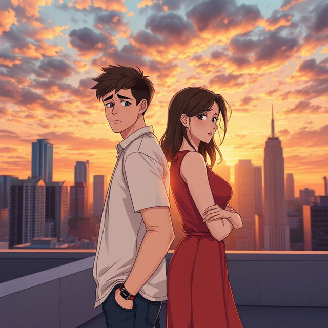 A young couple standing back to back on a rooftop, with city skyscrapers in the background