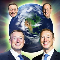 The smiling faces of Elon Musk, Mark Zuckerberg, Jeff Bezos, and Bill Gates superimposed over the image of Earth, symbolizing their influence on the world of technology