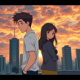 A young couple standing back to back on a rooftop, with city skyscrapers in the background