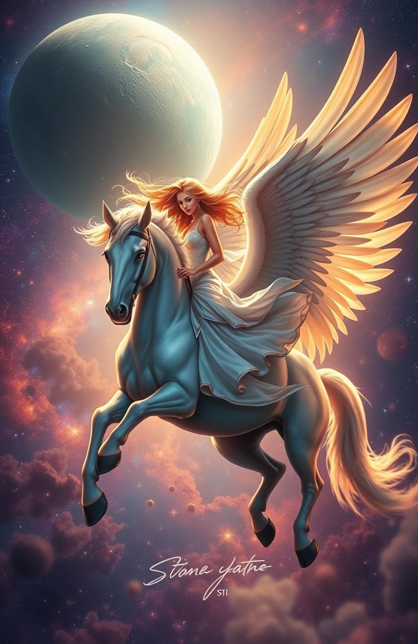 A stunning fantasy scene depicting a beautiful woman with flowing hair riding gracefully on a majestic winged horse