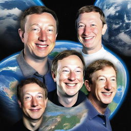 The smiling faces of Elon Musk, Mark Zuckerberg, Jeff Bezos, and Bill Gates superimposed over the image of Earth, symbolizing their influence on the world of technology