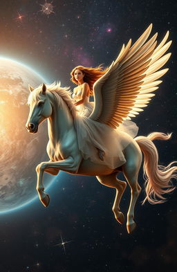A stunning fantasy scene depicting a beautiful woman with flowing hair riding gracefully on a majestic winged horse