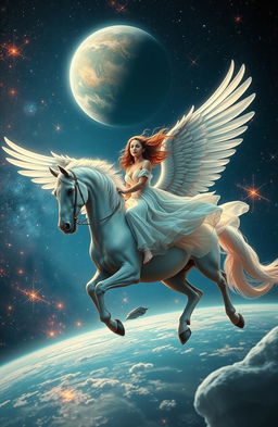 A stunning fantasy scene depicting a beautiful woman with flowing hair riding gracefully on a majestic winged horse
