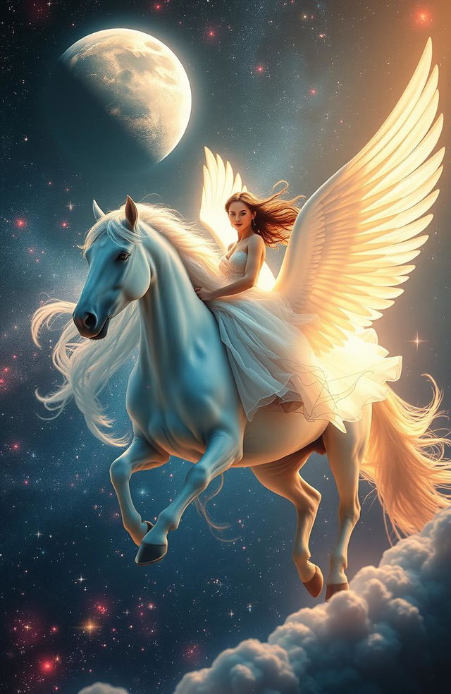 A stunning fantasy scene depicting a beautiful woman with flowing hair riding gracefully on a majestic winged horse