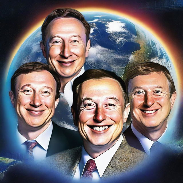 The smiling faces of Elon Musk, Mark Zuckerberg, Jeff Bezos, and Bill Gates superimposed over the image of Earth, symbolizing their influence on the world of technology