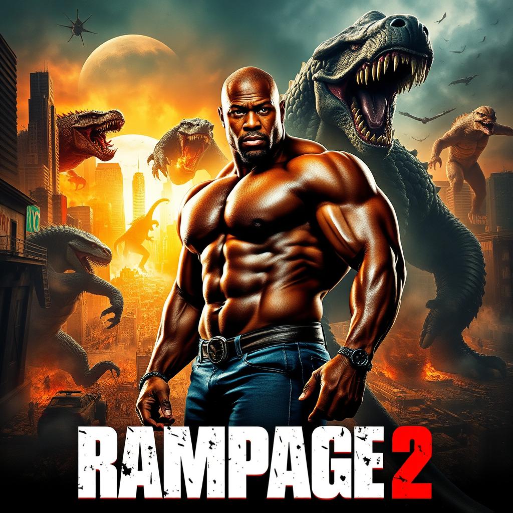 A striking movie poster for 'RAMPAGE 2' featuring a muscular hero inspired by Dwyane Johnson, posed confidently in the foreground