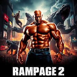 A striking movie poster for 'RAMPAGE 2' featuring a muscular hero inspired by Dwyane Johnson, posed confidently in the foreground