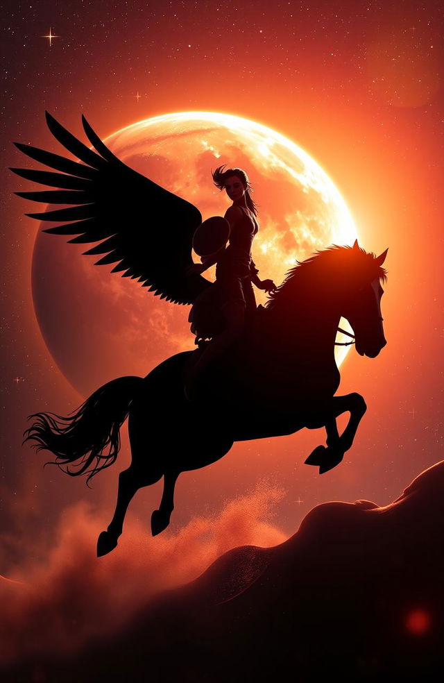 A striking silhouette of a woman riding a majestic winged horse, soaring through the vastness of space