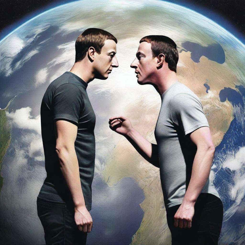 A hyper-realistic image of Mark Zuckerberg and Elon Musk confronting each other, with Earth as the backdrop.