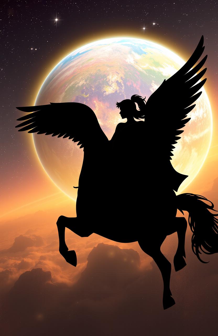 A striking silhouette of a woman riding a majestic winged horse, soaring through the vastness of space