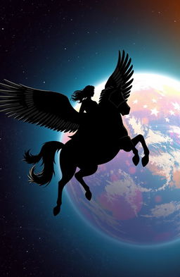 A striking silhouette of a woman riding a majestic winged horse, soaring through the vastness of space