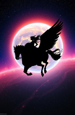A striking silhouette of a woman riding a majestic winged horse, soaring through the vastness of space